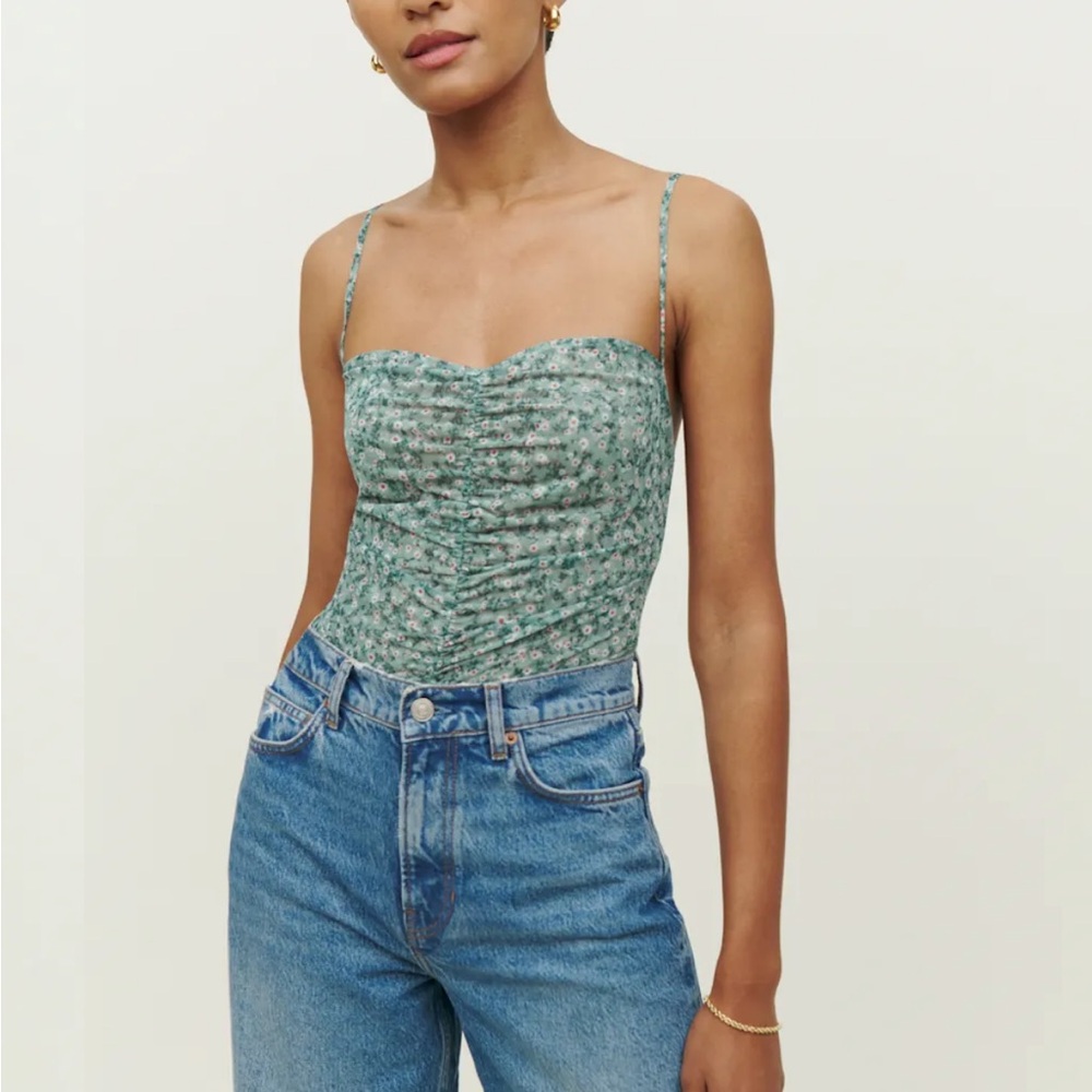 Reformation Green Floral Ruched Bustier Tank